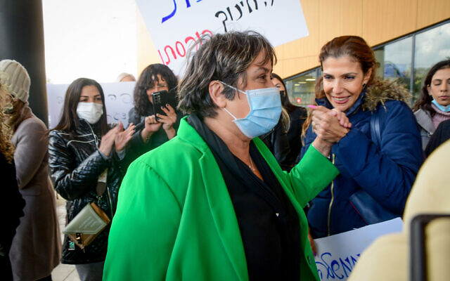 Yaffa Ben-David, head of Israel’s Teacher’s Union arrives for a court hearing at the Labor Court in in Bat Yam, January 27, 2022. (Avshalom Sassoni/Flash90)