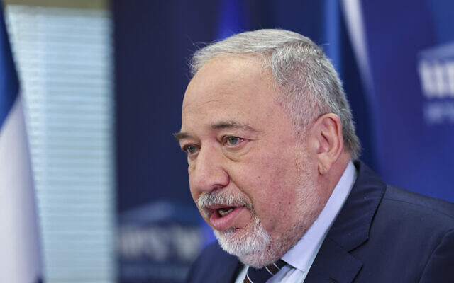 Finance Minister and Yisrael Beytenu party chairman Avigdor Liberman speaks during a faction meeting at the Knesset, on January 31, 2022. (Yonatan Sindel/Flash90)