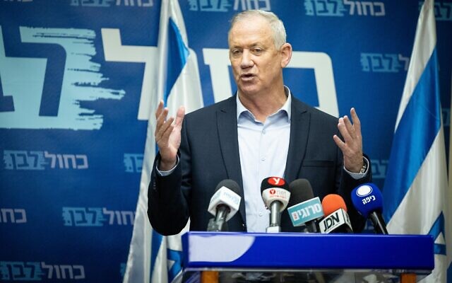 Defense Minister Benny Gantz leads a Blue and White faction meeting at the Knesset on January 31, 2022. (Yonatan Sindel/Flash90)