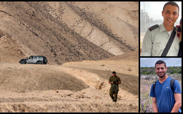 The area close to the base where two IDF soldiers were killed in a so-called friendly fire incident the night before, on January 13, 2022 (Yonathan Sindel/Flash90); Maj. Itamar Elharar, top right, and Maj. Ofek Aharon, bottom right (Israel Defense Forces)