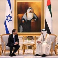 President Isaac Herzog meets with Crown Prince of Abu Dhabi, Sheikh Mohamed bin Zayed Al Nahyan, January 30, 2022. (Amos Ben Gershom/GPO)