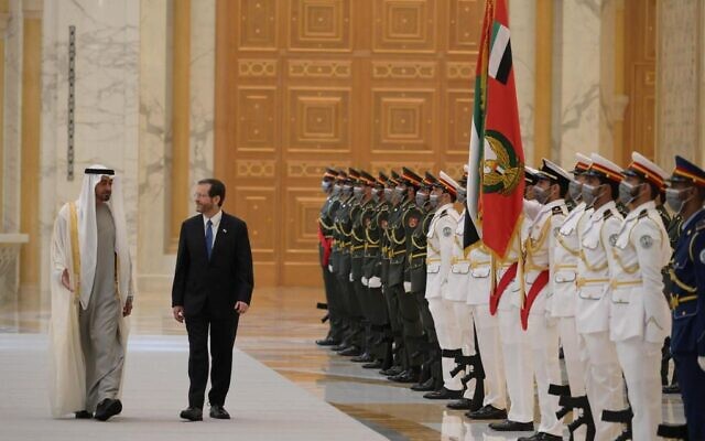 President Isaac Herzog inspects an honor guard with Crown Prince of Abu Dhabi, Sheikh Mohammed bin Zayed Al Nahyan, January 30, 2022. (Amos Ben Gershom/GPO)