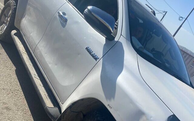 A photo released by police on January 10, 2021, shows damage to a security vehicle that was allegedly caused by settlers during clashes with police at the illegal Homesh outpost in the northern West Bank. (Israel Police)