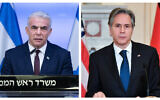 (L) Foreign Minister Yair Lapid speeks during a press conference in Jerusalem on November 6, 2021. (R) US Secretary of State Antony Blinken speaks during a news conference at the State Department in Washington, January 5, 2022. (Ohad Zwigenberg/POOL; Mandel Ngan/Pool via AP)
