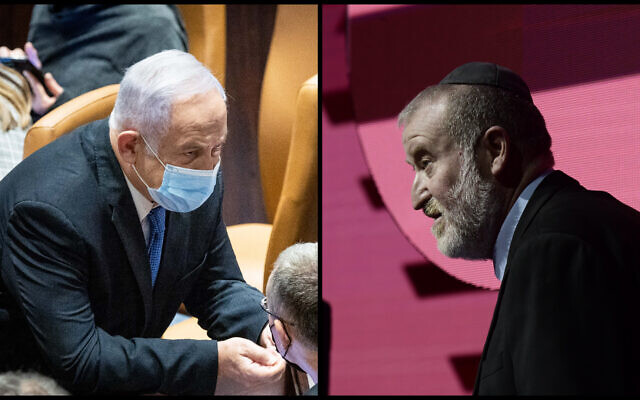(L) Benjamin Netanyahu during a plenum session in the assembly hall of the Knesset, January 5, 2022. (R) Attorney General Avichai Mandelblit attends a confrence in Tel Aviv, June 29, 2021. (Yonatan Sindel; Tomer Neuberg/Flash90)