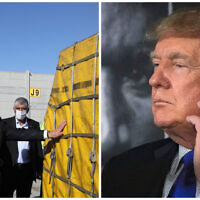 (left) Then-prime minister Benjamin Netanyahu attends the arrival of a freight plane transporting the first batch of Pfizer vaccines, at Ben Gurion Airport, December 9, 2020; (right) Former US president Donald Trump prepares to provide commentary for a boxing event in Hollywood, Florida, September 11, 2021. (Marc Israel Sellem/POOL via Flash90; AP Photo/Rebecca Blackwell)