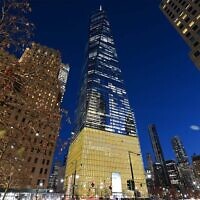 One World Trade Center in New York City is lit up in yellow to mark International Holocaust Remembrance Day, January 27, 2022. (Courtesy/World Jewish Congress)