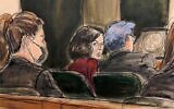 In this courtroom sketch, Ghislaine Maxwell center, confers with her defense attorney Jeffrey Pagliuca, right, before testimony begins in her sex-abuse trial, in New York, December 8, 2021. (AP Photo/Elizabeth Williams, File)