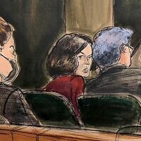 In this courtroom sketch, Ghislaine Maxwell center, confers with her defense attorney Jeffrey Pagliuca, right, before testimony begins in her sex-abuse trial, in New York, December 8, 2021. (AP Photo/Elizabeth Williams, File)