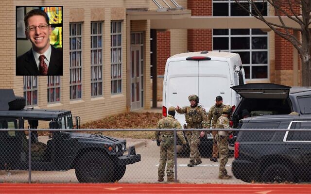 SWAT team members deploy near Congregation Beth Israel Synagogue during a hostage situation in Colleyville, Texas, January 15, 2022; Congregation Beth Israel Rabbi Charlie Cytron-Walker. (Andy Jacobsohn/AFP; Congregation Beth Israel)