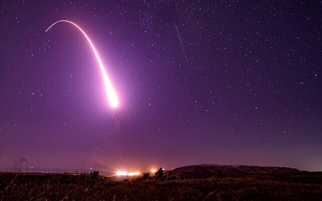 Illustrative: An unarmed Minuteman 3 intercontinental ballistic missile test launch at Vandenberg Air Force Base, California, October 2, 2019. (Staff Sgt. J.T. Armstrong/US Air Force via AP)