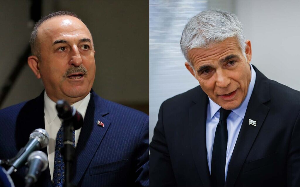 Turkish Foreign Minister Mevlut Cavusoglu (left); and Israeli Foreign Minister Yair Lapid (right). (Hussein Malla/AP; Oliver Fitoussi/Flash90)
