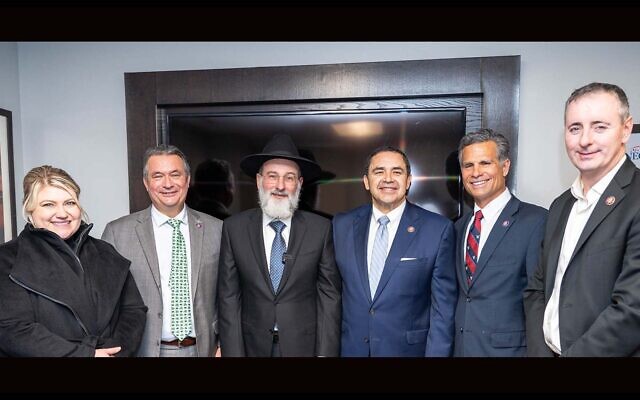 The inauguration of the Congressional Caucus for the Advancement of Torah Values was attended by Reps. Kat Cammack (R-FL); Don Bacon (R-NE); Rabbi Dovid Hofstedter; Henry Cuellar (D-TX); Dan Meuser (R-PA); and Brian Fitzpatrick (R-PA) in Washington, D.C. (Sruly Saftlas/CNW Group/Dirshu via JTA)