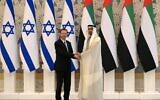 President Isaac Herzog meets with then-Crown Prince of Abu Dhabi, Sheikh Mohammed bin Zayed Al Nahyan in Abu Dhabi on January 30, 2022. (Amos Ben-Gershom/GPO)