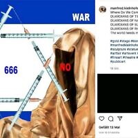 A sceren image of a post by artist Manfred Kielnhofer from Austria depicting an Israeli flag with a star of David made up of syringes and one of his statues. (Facebook via JTA)