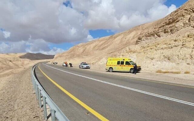 The scene where a man's body was found with stab wounds near the side of the road close to the southern town of Dimona. (Magen David Adom)