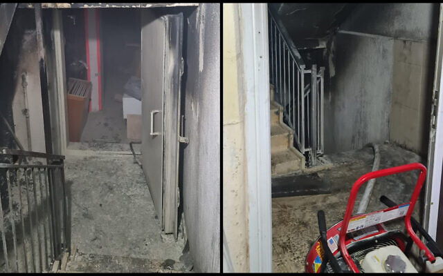 Firefighters ventilate heavy smoke from a residental building in the West Bank settlement of Ma'ale Adumim, after a fire erupted on an underground floor. (Israel Fire and Rescue Services) Firefighters ventilate heavy smoke from a residental building in the West Bank settlement of Ma'ale Adumim, after a fire erupted on an underground floor. (Israel Fire and Rescue Services)