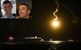 An Israeli army flare illuminates the sky during searches after a military helicopter crashed off the coast of Haifa on the night of January 3, 2022. Inset: The two soldiers killed, Lt.-Col. Erez Sachyani (right) and Major Chen Fogel (Alon Nadav/Flash90; Israel Defense Forces)
