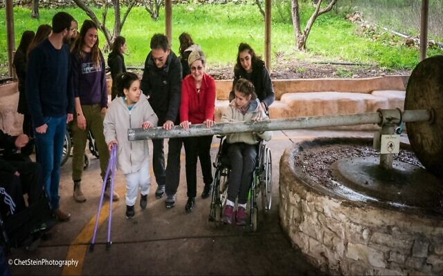 Participants use a disability-accessible olive press at the Emek Hashalom Farm (Credit: Chet Stein Photography)