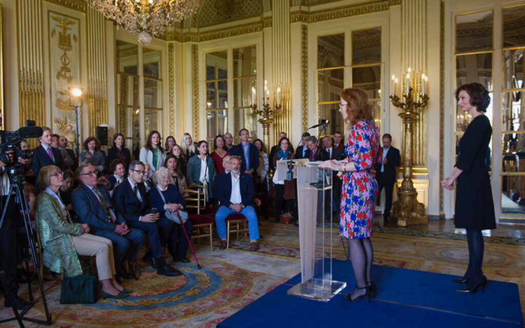 Pauline Baer de Perignon speaks at the ceremony for the restitution of 'A Shepherd' by Giovanni Battista Tiepolo at France's Ministry of Culture, April 2017. (Courtesy)
