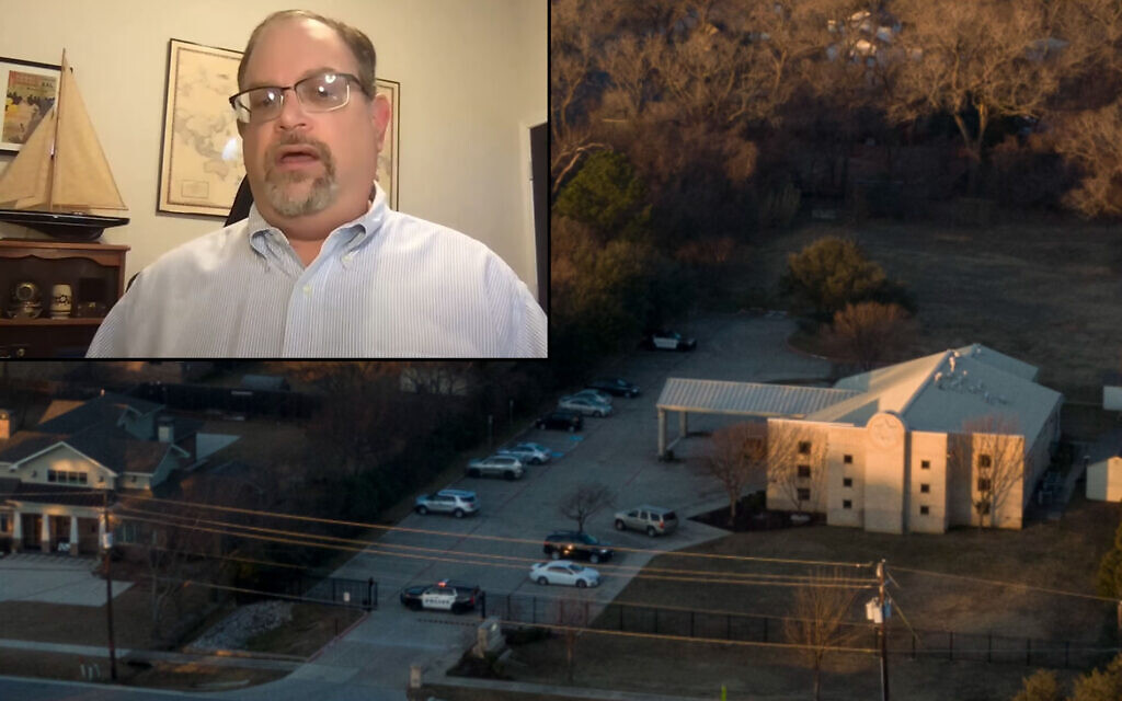 An aerial view of police standing in front of the Congregation Beth Israel synagogue, Sunday, Jan. 16, 2022, in Colleyville, Texas (AP Photo/Brandon Wade); Inset: Congregation Beth Israel member Jeffrey Cohen speaks on January 17, 2022. (Screen capture)