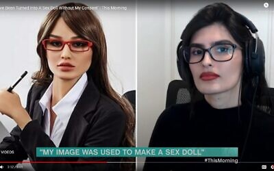 Israeli Instagram model Yael Cohen Aris (right) in a British TV interview, and the sex doll (left) she says was created in her image without her consent, January 10, 2022. (YouTube screenshot)