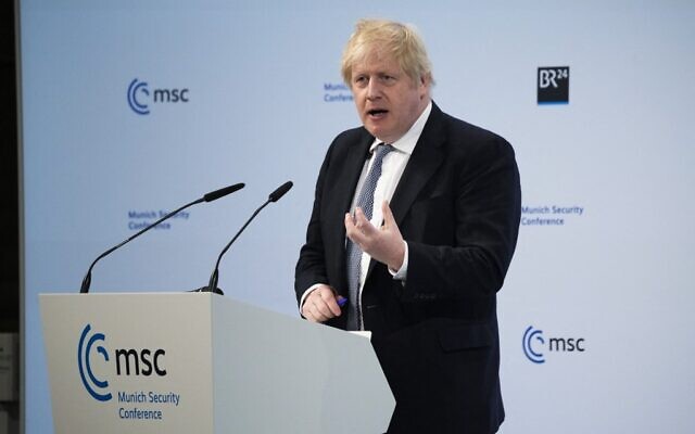 Britain's Prime Minister Boris Johnson speaks during the Munich Security Conference in Munich, southern Germany, on February 19, 2022. (Matt Dunham / POOL / AFP)