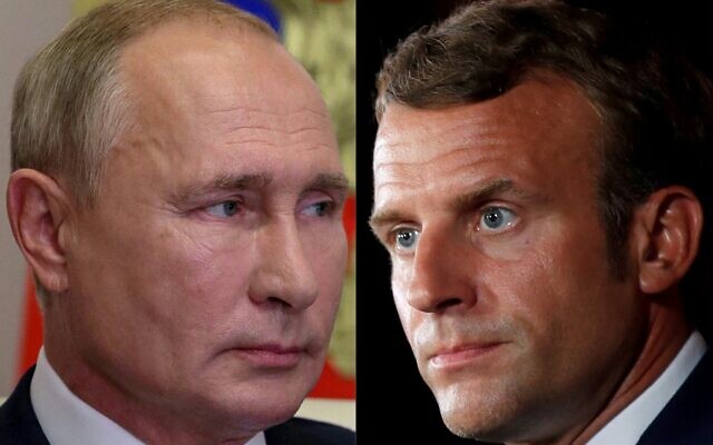 This combination of file photographs created on September 14, 2020, shows (left) Russian President Vladimir Putin and France's President Emmanuel Macron (right). (Mikhail Klimentyev and Gonzalo Fuentes/various sources/AFP)