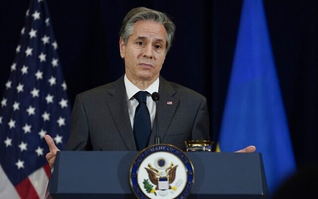 Secretary of State Antony Blinken during a news conference at the State Department in Washington, DC, on February 22, 2022. (Carolyn Kaster / POOL / AFP)