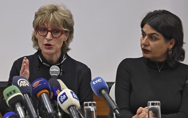 Agnes Callamard, the Secretary General of Amnesty International (left) holds a press conference together with activist Orly Noy in Jerusalem, on February 1, 2022. Amnesty International labelled Israel an "apartheid" state that treats Palestinians as "an inferior racial group." (RONALDO SCHEMIDT / AFP)