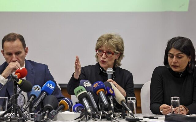 Agnes Callamard, the Secretary General of Amnesty International (C) holds a press conference together with Middle East and North Africa Research and Advocacy Director Philip Luther (L) and activist Orly Noy (R) in Jerusalem, on February 1, 2022. Amnesty International labelled Israel an “apartheid” state that treats Palestinians as “an inferior racial group.” (RONALDO SCHEMIDT / AFP)