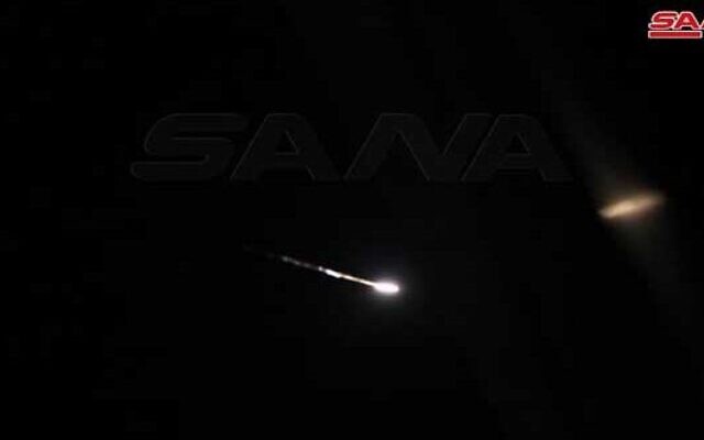 A Syrian anti-aircraft missile is fired near Damascus during an alleged Israeli airstrike on February 9, 2022. An errant anti-aircraft missile exploded over northern Israel. (SANA)