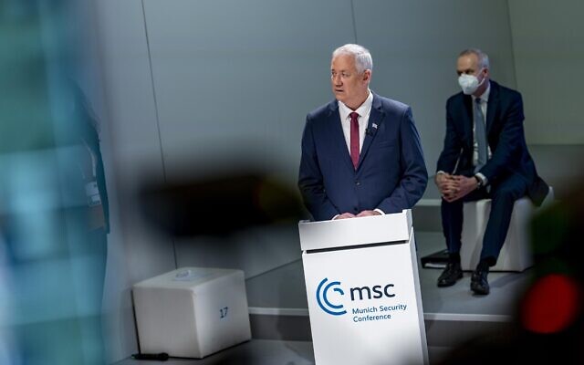 Defense Minister Benny Gantz speaks at the Munich Security Conference on February 20, 2022. (Munich Security Conference)