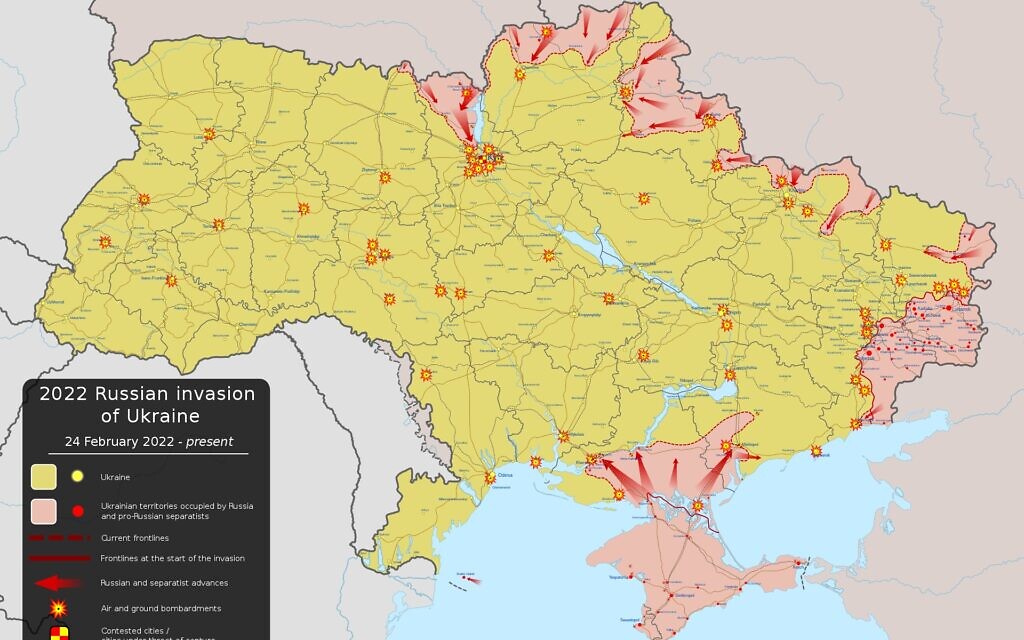 Map of the Russian invasion of Ukraine, as of 26 February 2022. (Viewsridge/Wikipedia commons)