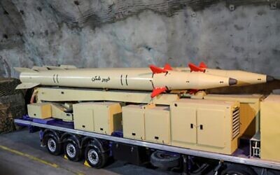 The surface-to-surface 'Khaibar-buster' missile is displayed in an undisclosed location in Iran, February. 9, 2022. (Sepahnews via AP)