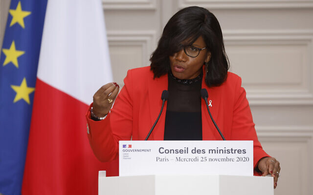 French Junior Minister for Gender Equality Elisabeth Moreno speaks during a press briefing following the weekly cabinet meeting on Nov. 25, 2020 in Paris. ( Ludovic Marin / POOL via AP)