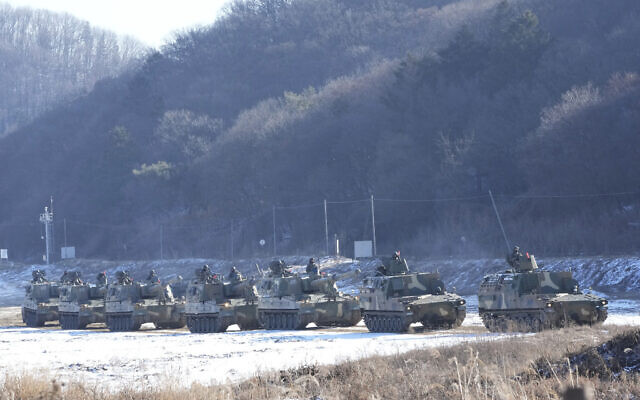 South Korean army K9 self-propelled howitzers move in Paju, near the border with North Korea, South Korea, on Tuesday, January 11, 2022. (AP/Ahn Young-joon)