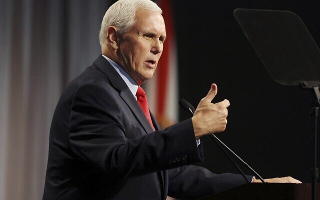 Former Vice President Mike Pence speaks at the Florida chapter of the Federalist Society's annual meeting at Disney's Yacht Club resort in Walt Disney World on Friday, Feb. 4, 2022, in Orlando, Fla. Pence, on Friday, directly rebutted Donald Trump's false claims that Pence somehow could have overturned the results of the 2020 election, saying that the former president was simply “wrong.”  (Stephen M. Dowell/Orlando Sentinel via AP)