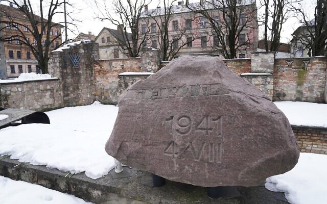 The memorial on the ruins of the Riga Choral Synagogue burned to the ground by Nazis in 1941, in memory of those who perished in the blaze, seen in Riga, Latvia, on February 10, 2022. (Roman Koksarov/AP)