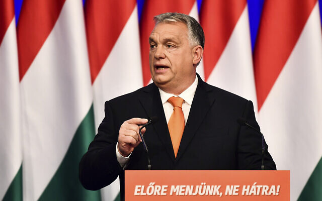 Hungarian Prime Minister Viktor Orban delivers his annual state of the nation speech in Varkert Bazaar conference hall of Budapest, Hungary, on February 12, 2022. (AP Photo/Anna Szilagyi)
