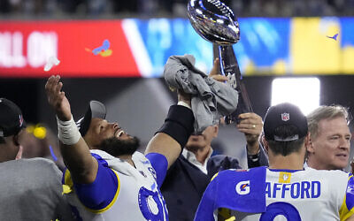 Los Angeles Rams defensive end Aaron Donald (99) after the NFL Super Bowl 56 football game Sunday, Feb. 13, 2022, in Inglewood, Calif. The Los Angeles Rams won 23-20. (AP Photo/Julio Cortez)