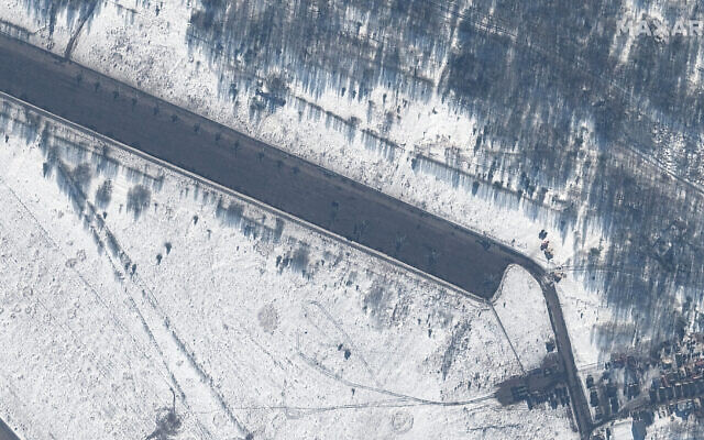 This February 15, 2022 satellite image provided by Maxar Technologies shows attack helicopters deployed at Zyabrovka airfield in Belarus. (Satellite image ©2022 Maxar Technologies via AP)