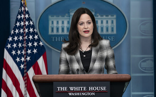Anne Neuberger, deputy US national security advisor for cyber and emerging technology, speaks with reporters in the James Brady Press Briefing Room at the White House, February 18, 2022, in Washington. (AP Photo/Alex Brandon)