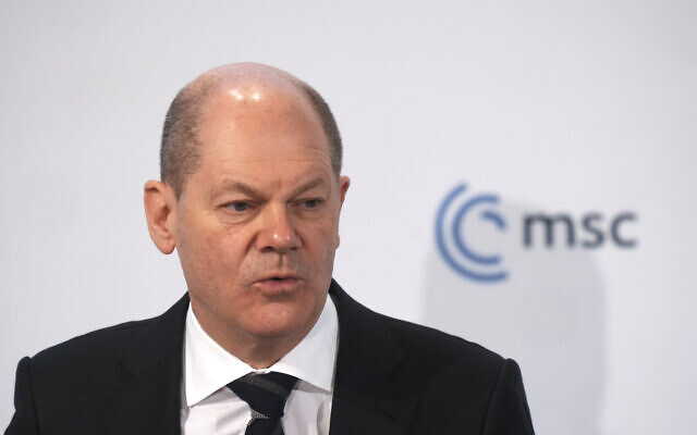 German Chancellor Olaf Scholz addresses the Munich Security Conference in Munich, Germany, on February 19, 2022. (AP Photo/Michael Probst)