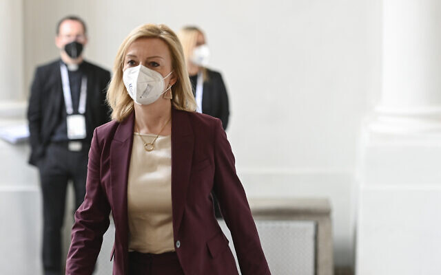 British Foreign Secretary Liz Truss arrives for a meeting with the Foreign Ministers of the G7 Nations at the Munich Security Conference (MSC) in Munich, southern Germany, on February 19, 2022. (Ina Fassbender/Pool via AP)