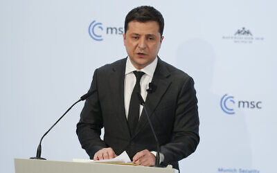 Ukrainian President Volodymyr Zelensky delivers a speech during the Munich Security Conference in Munich, Germany, on February 19, 2022. (AP/Michael Probst)