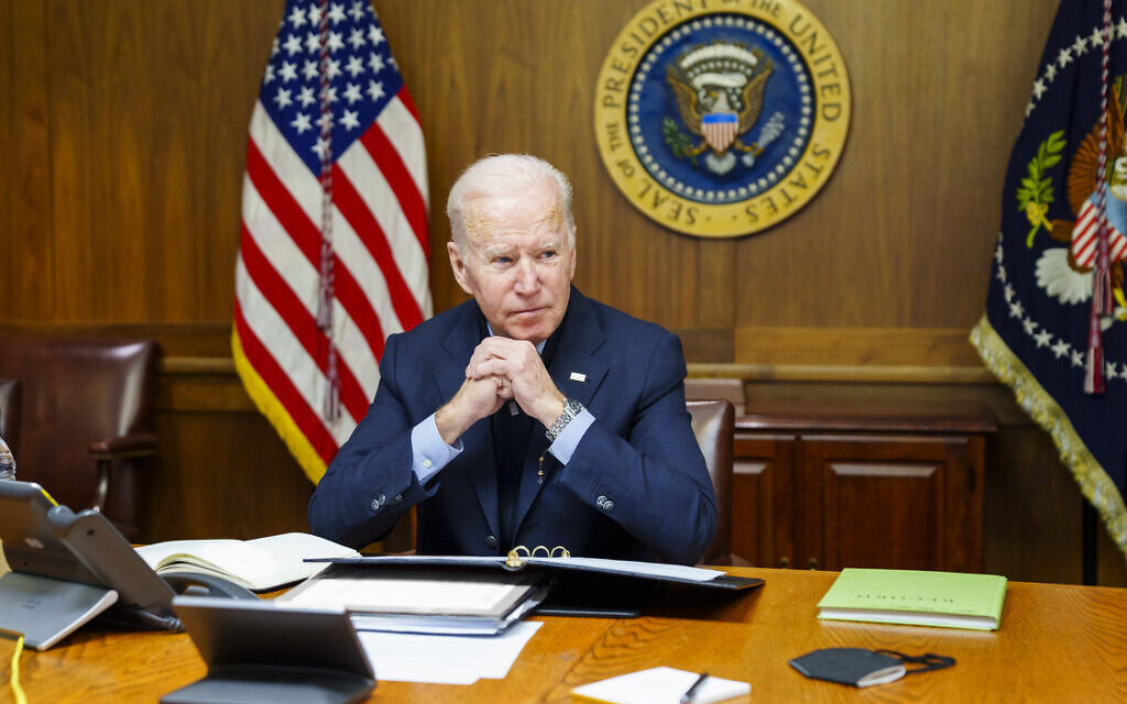 This image provided by The White House via Twitter shows President Joe Biden at Camp David, on February 12, 2022. (The White House via AP, File)