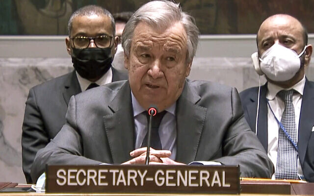In this image taken from UNTV video, United Nation Secretary-General Antonio Guterres addresses an emergency meeting of the UN Security Council on Ukraine to deplore Russia's actions toward the country and plead for diplomacy, at UN headquarters, on February 23, 2022. (UNTV via AP)