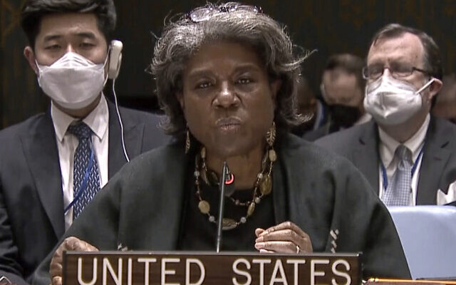 In this photo taken from UNTV video, US Ambassador to the United Nations Linda Thomas-Greenfield addresses an emergency meeting of the UN Security Council on Ukraine to deplore Russia's actions toward the country and plead for diplomacy, at UN headquarters, on February 23, 2022. (UNTV via AP)