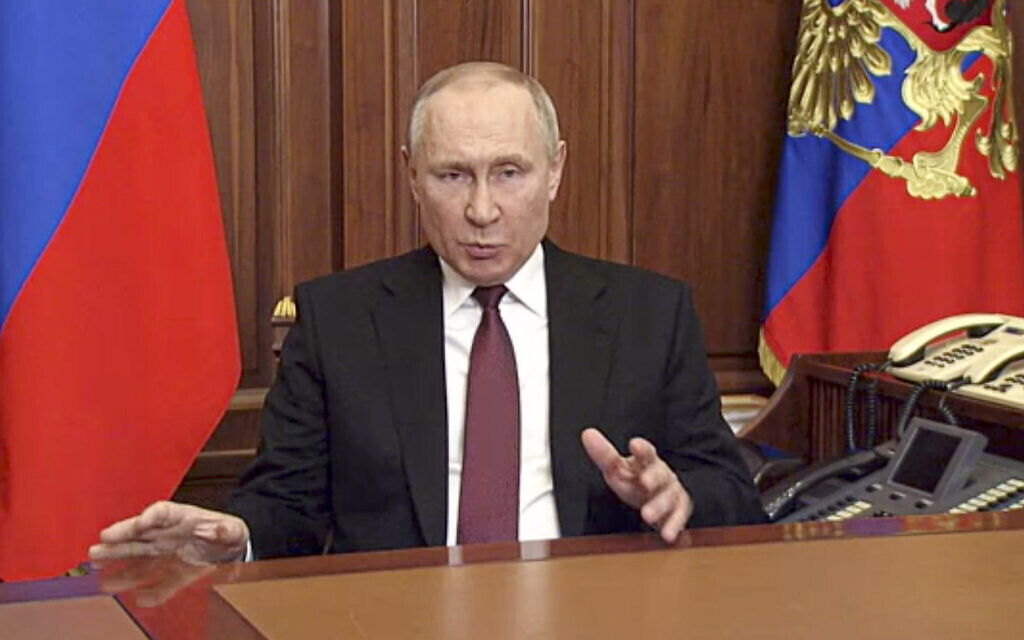 In this image made from video released by the Russian Presidential Press Service, Russian President Vladimir Putin addresses the nation in Moscow, Russia, on, February 24, 2022. (Russian Presidential Press Service via AP)